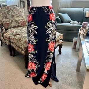Coco Bianco Blue Orange Floral Stretch Skirt with Slit Size L